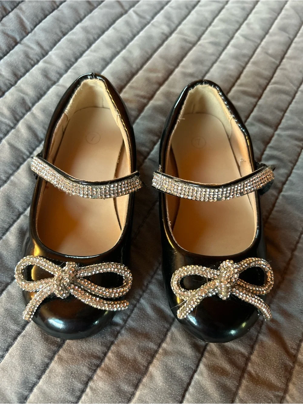 Girls' Black Patent Mary Jane Flats with Crystal Bow